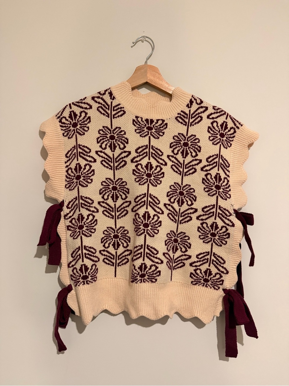 Cream & Burgundy Floral Knit Sleeveless Fall Sweater - Women
